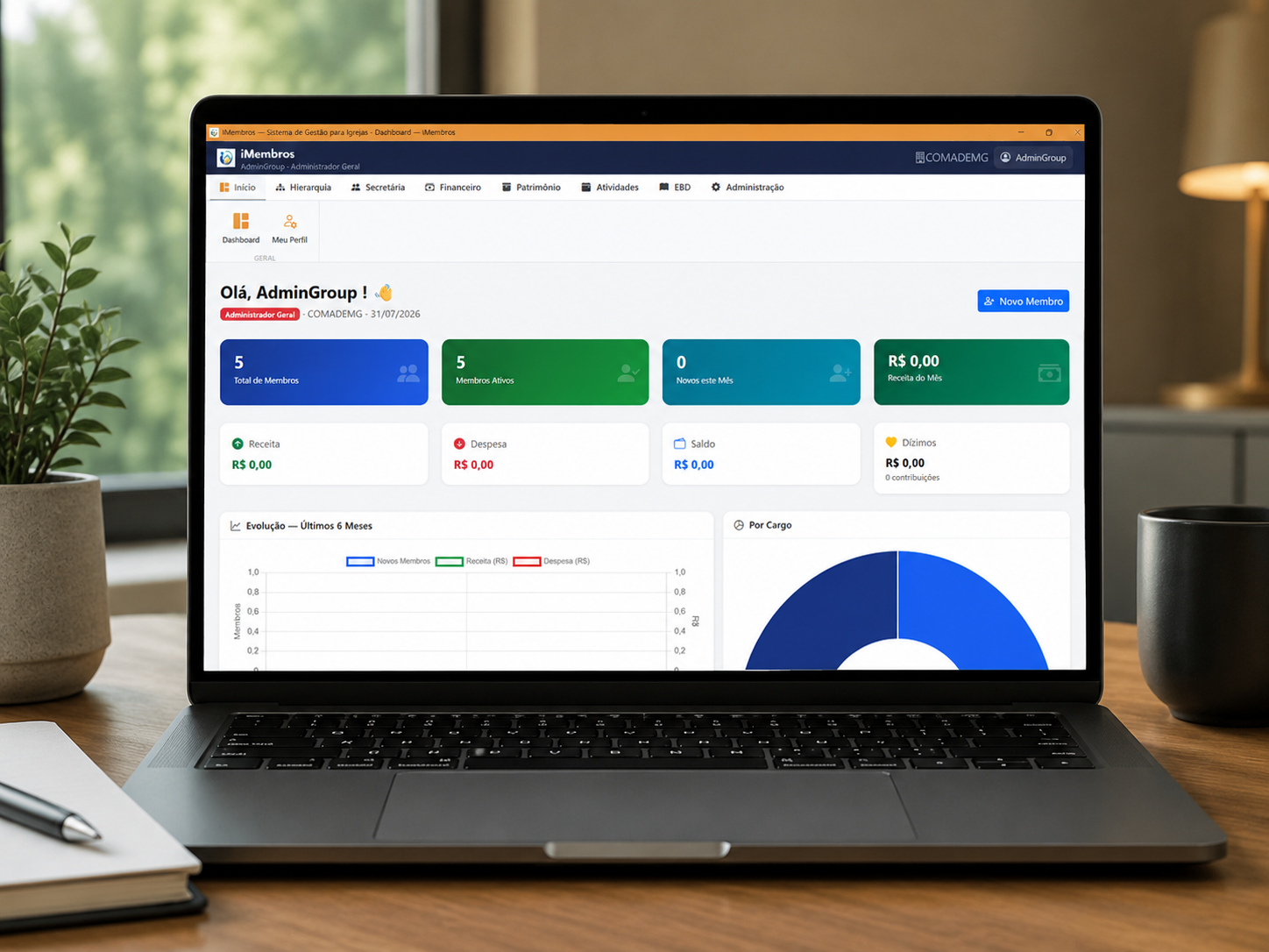 App do Gestor iMembros — painel administrativo aberto num monitor